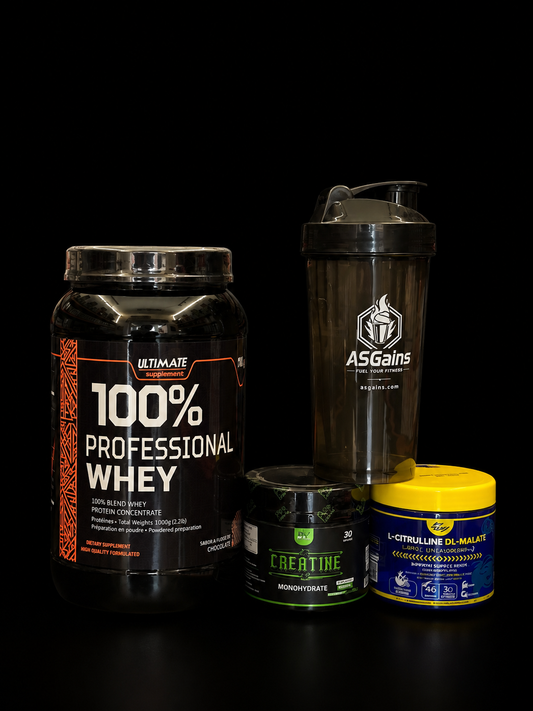 Whey protein 30 serve
Creatine 30 Serve 
Citrulline 46 Serve
AS Gains Premium Shaker